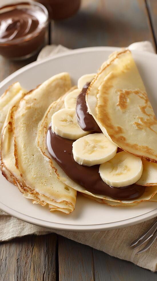 Delicious Banana Chocolate Crepe With Hazelnut Spread Ready To Eat. photo