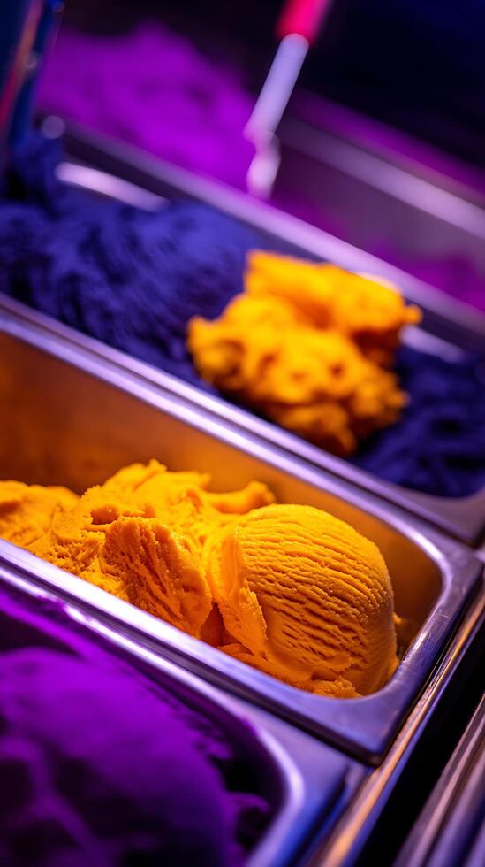 Vibrant scoops of mango ice cream in colorful illuminated display. photo