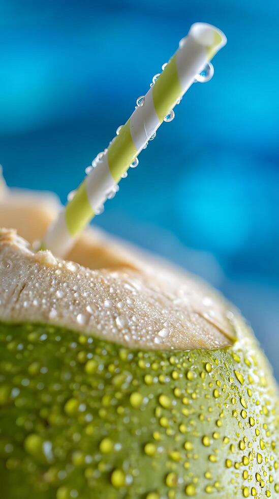 Refreshing Coconut Water with a Striped Straw and Water Droplets. photo