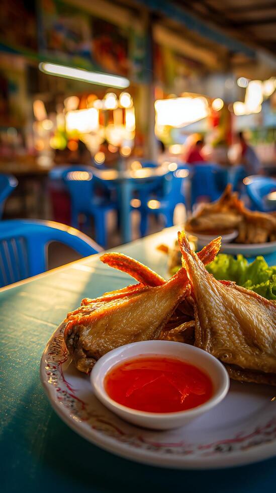 Savory Golden Chicken Wings with Sweet Chili Sauce in a Bustling Eatery. photo