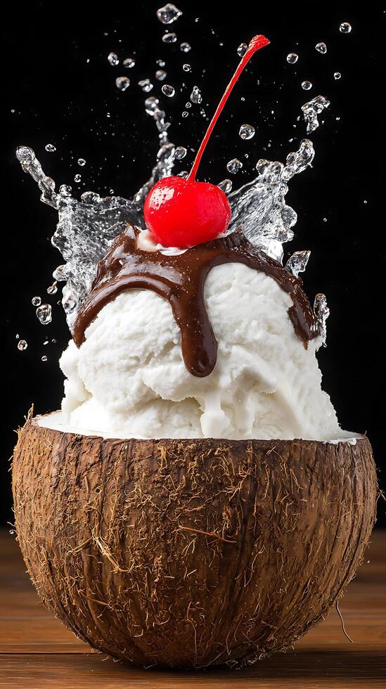 Delicious Ice Cream Sundae Splash Served in Fresh Coconut. photo