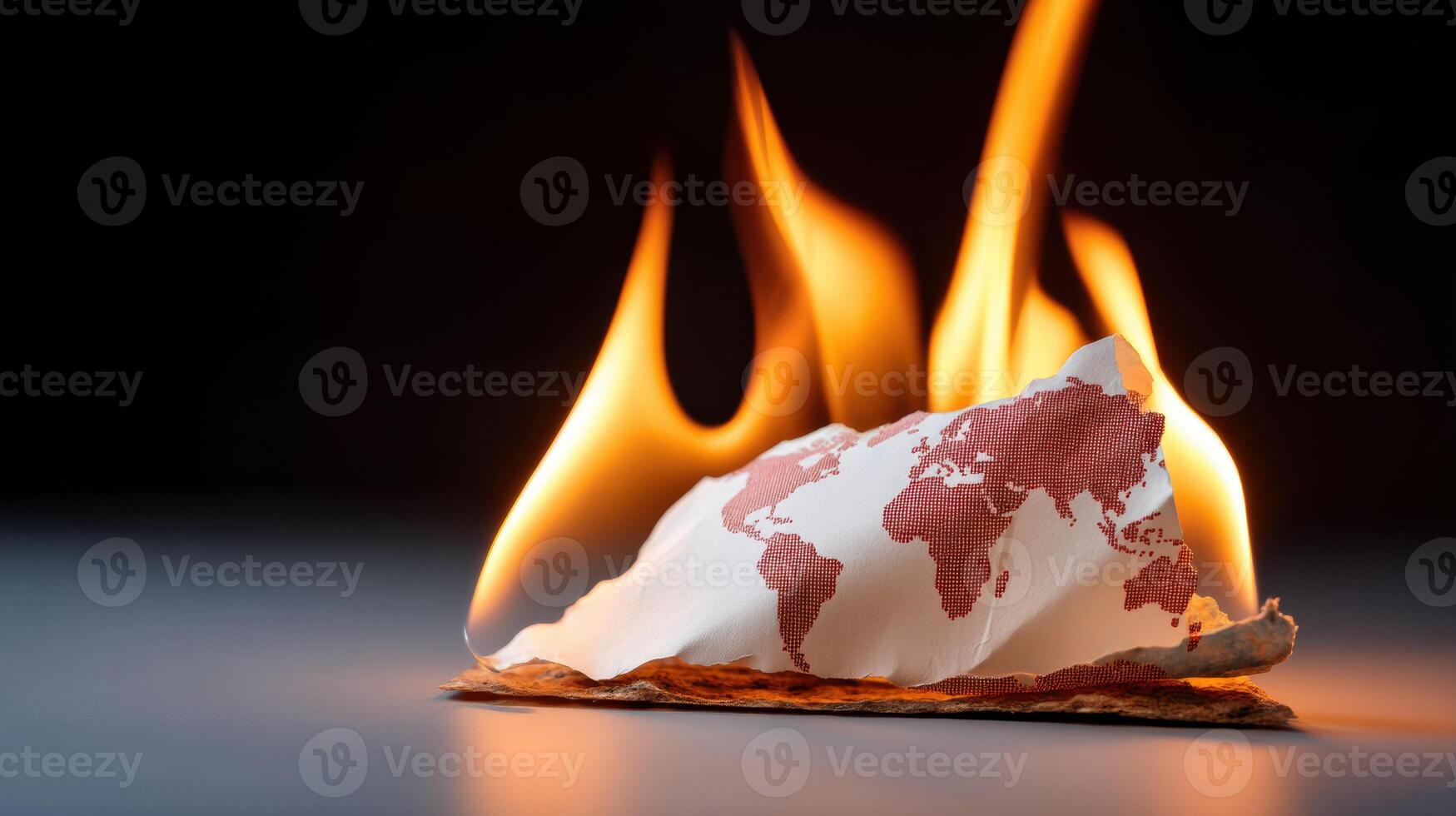 Global market tariff trade war. Burning piece of paper with world map printed on it, flames rising against dark background, symbolizing destruction and urgency photo