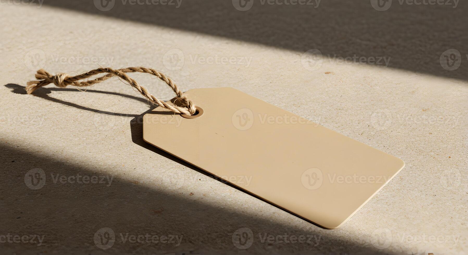 Blank beige tag with curved jute rope on stone, perfect for craft and branding mockups. photo