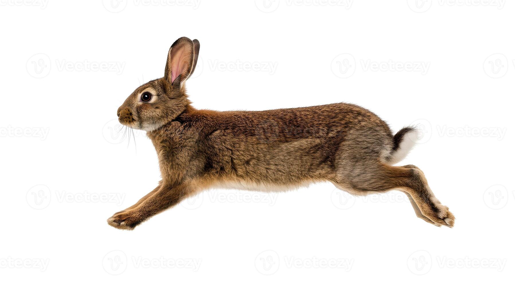 Brown rabbit mid-jump, dynamic fur, airborne paws, alert expression, studio lighting, frozen motion, focused energy. photo