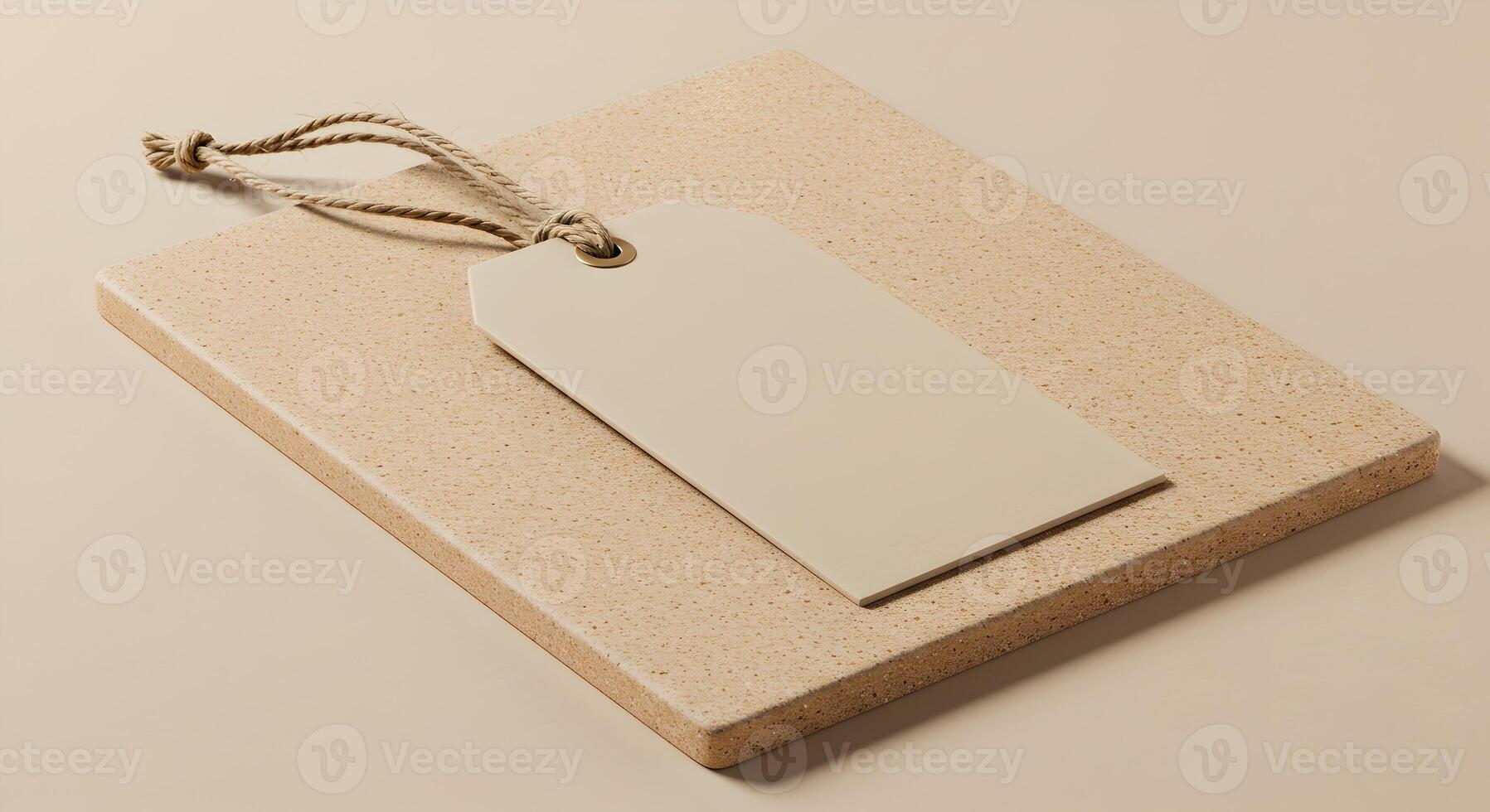 Beige hang tag with jute rope on ceramic tile surface. photo