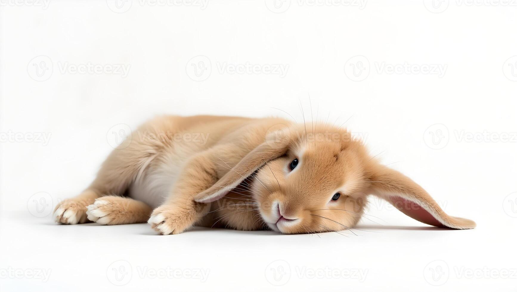 Tan rabbit resting peacefully, soft fur texture, relaxed pose, studio light, minimalist, calm pet scene. photo