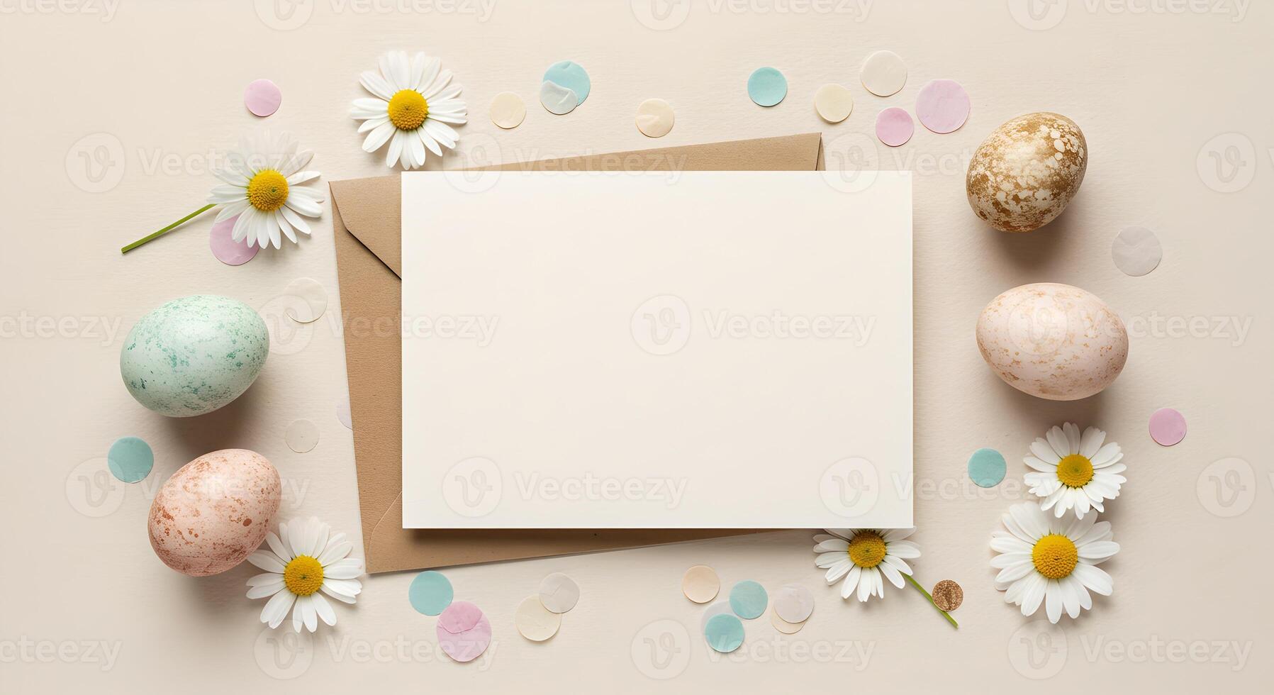 Blank card with daisies and muted eggs on ivory paper, perfect for modern holiday branding. photo