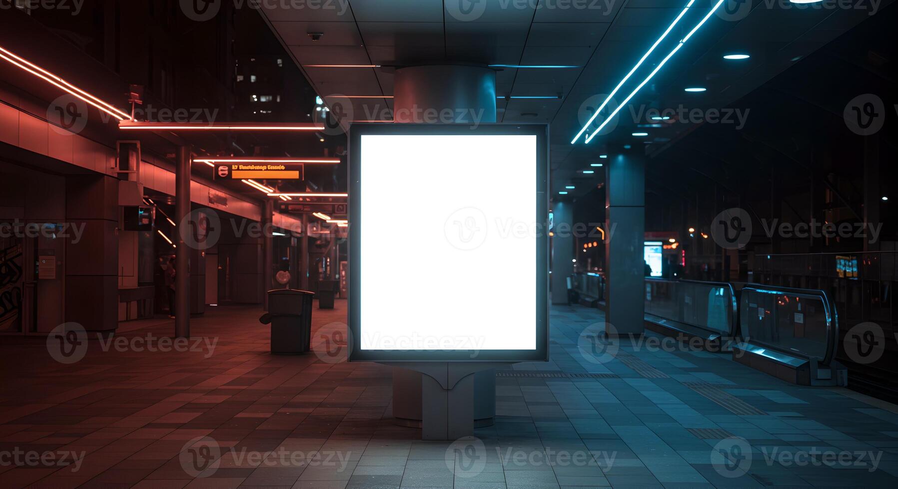 Billboard frame on sidewalk near metro station, neon reflections and moody tones enhance futuristic presentation. photo