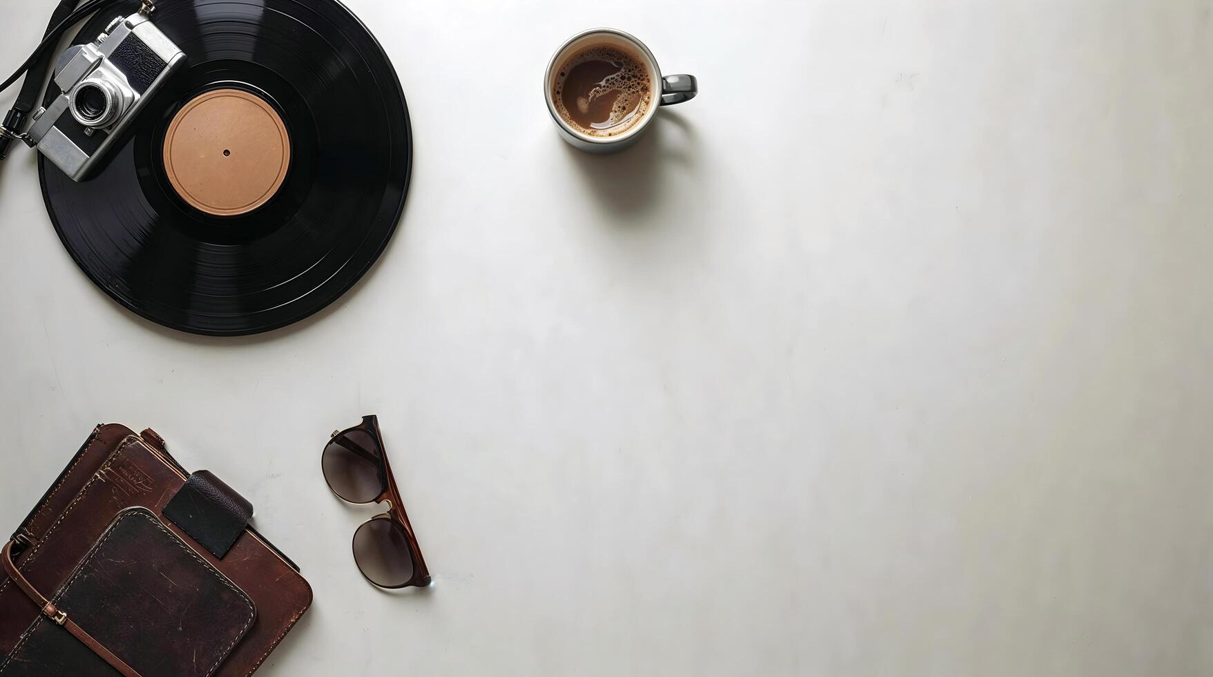 Flat Lay, Retro Camera Vinyl Record Sunglasses Notebook and Coffee on white Background, Vintage Travel and Music Accessories photo