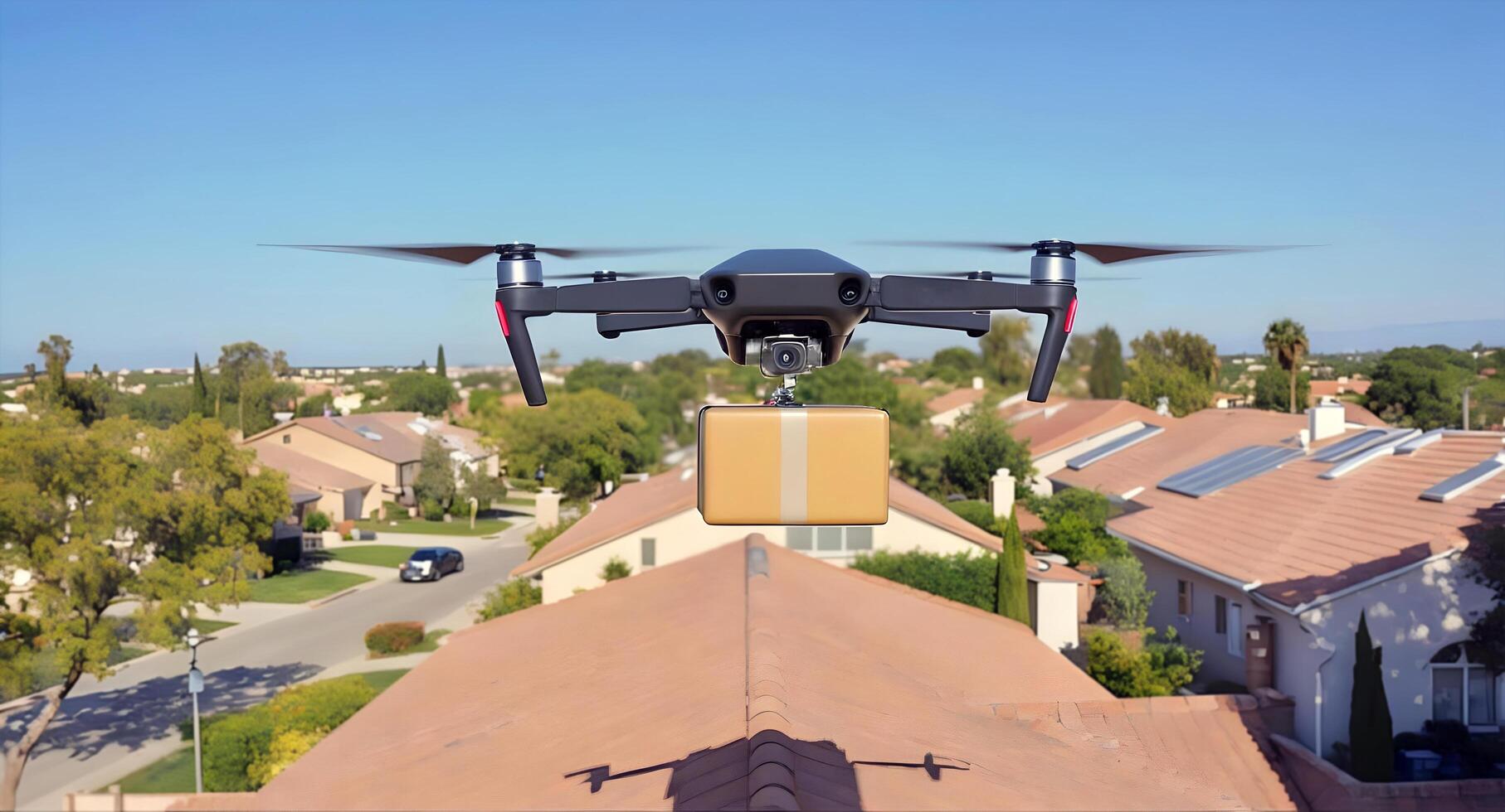 Smart Technology Autonomous Drone Delivering Package to Modern Suburban House in Residential Neighbourhood, artificial intelligence, ai photo