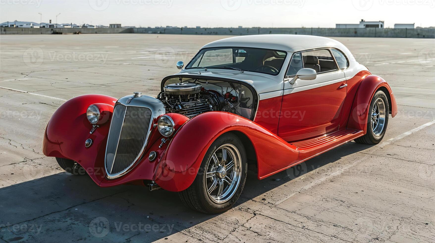 Beautiful unique red vintage hot rod old timer car parked in the street , automotive background, tuning template, auto transport photo