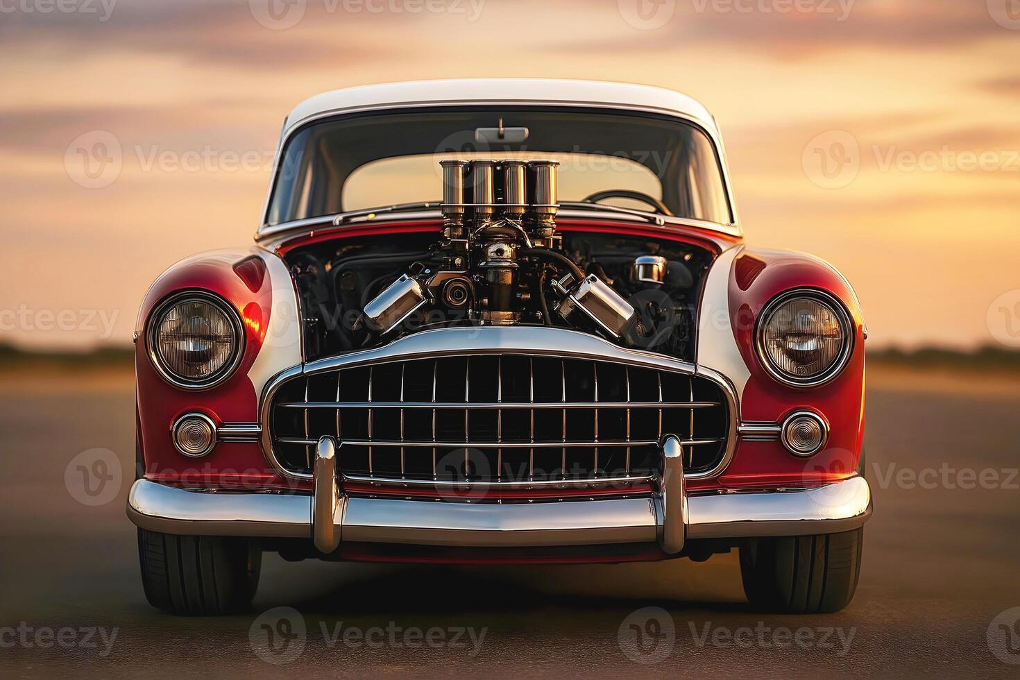 Beautiful unique red vintage hot rod old timer car, parked in the street , automotive background, tuning template, auto transport photo