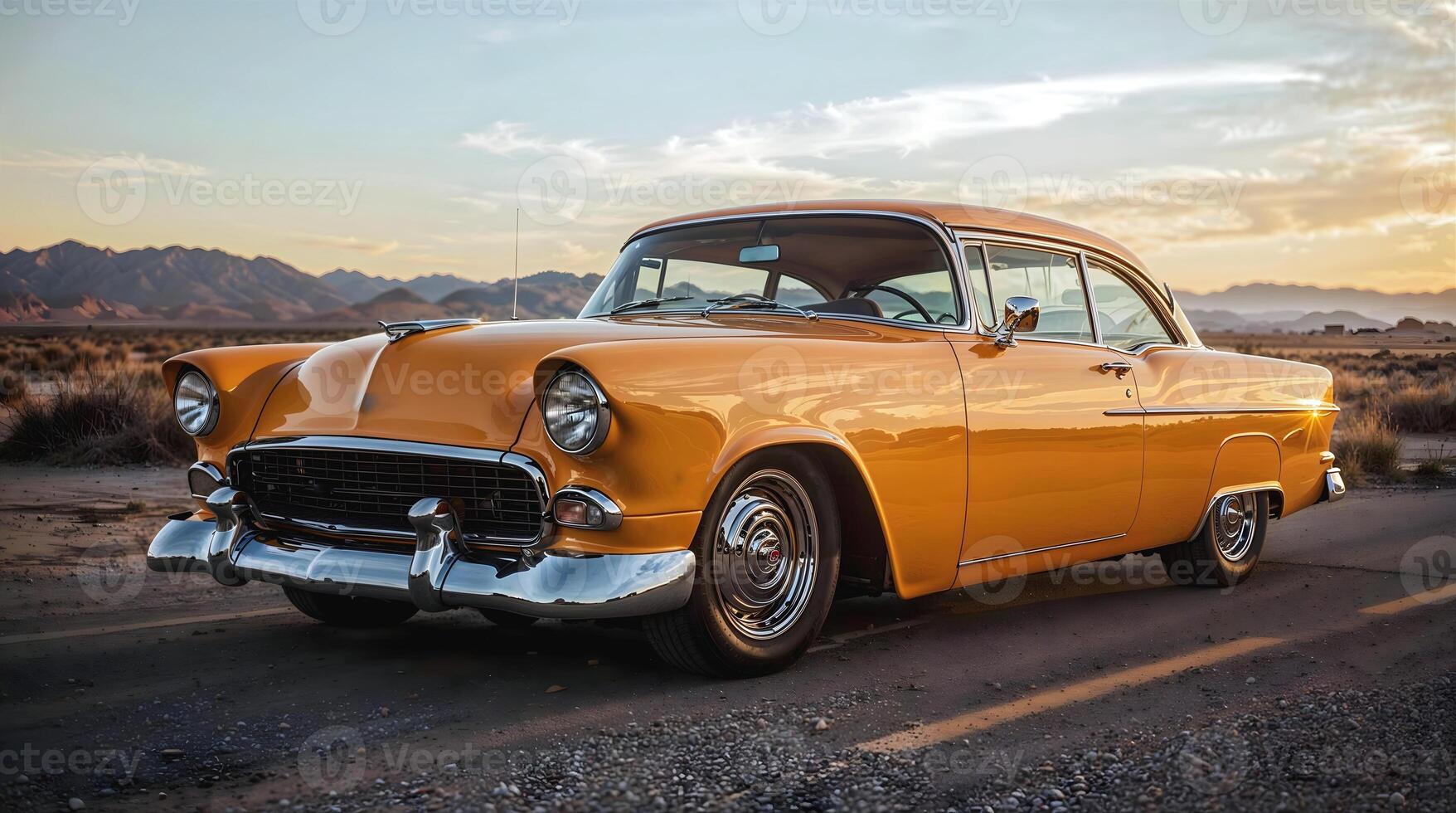 Beautiful unique ellow vintage hot rod ols timer car parked in the street , automotive background, tuning template, auto transport photo
