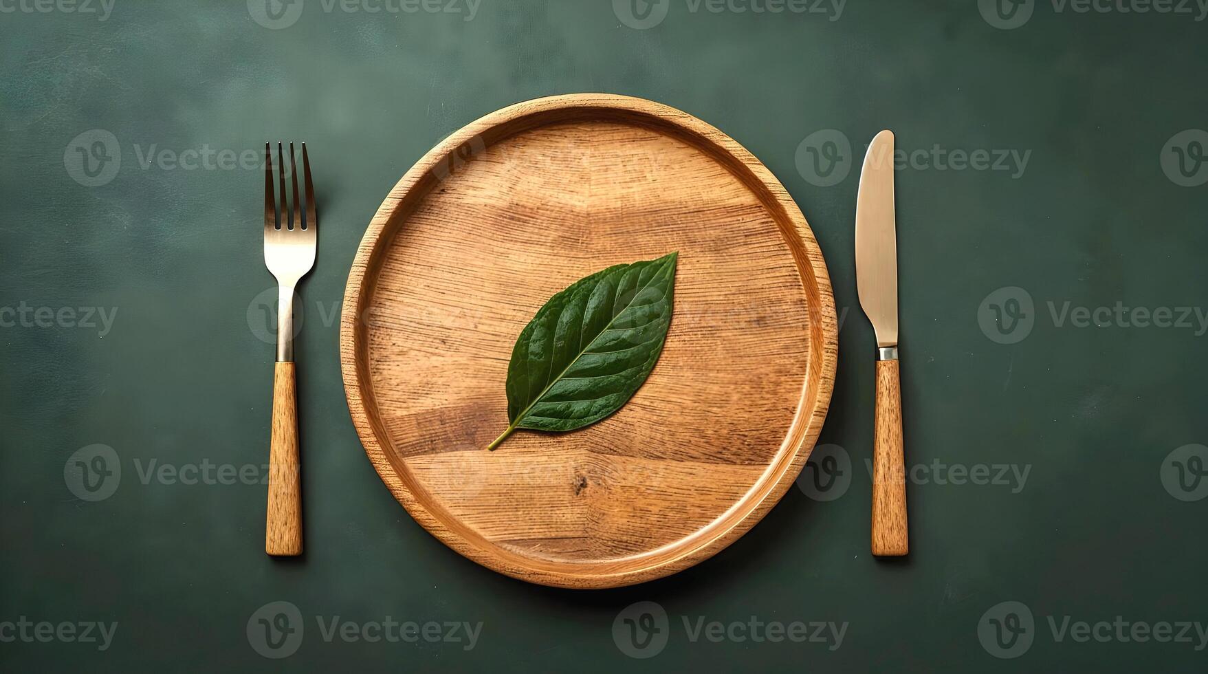 Minimalist Organic Flat Lay with Sustainable Tableware Wooden Utensils and Leaf on Plate Green Lifestyle and Vegan Aesthetic, Zero Waste and Eco Conscious Food Theme photo