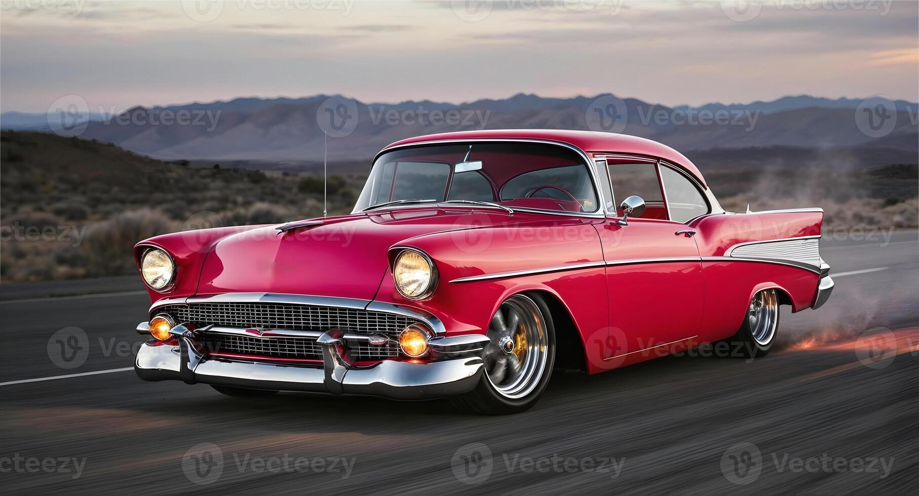 Beautiful unique pink vintage hot rod ols timer car parked in the street , automotive background, tuning template, auto transport photo
