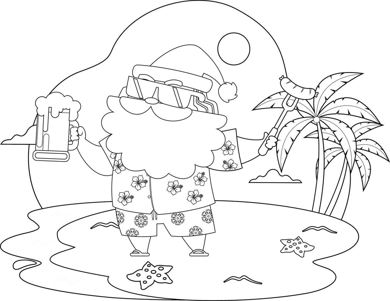 Funny Santa With Drink And Barbecue Snack On Beach Outline vector