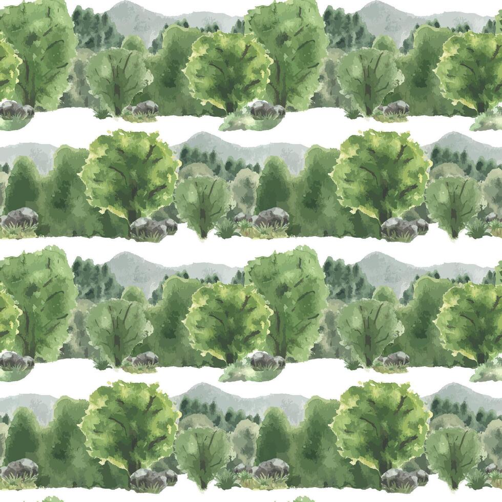 Green nature pattern with trees and mountains vector