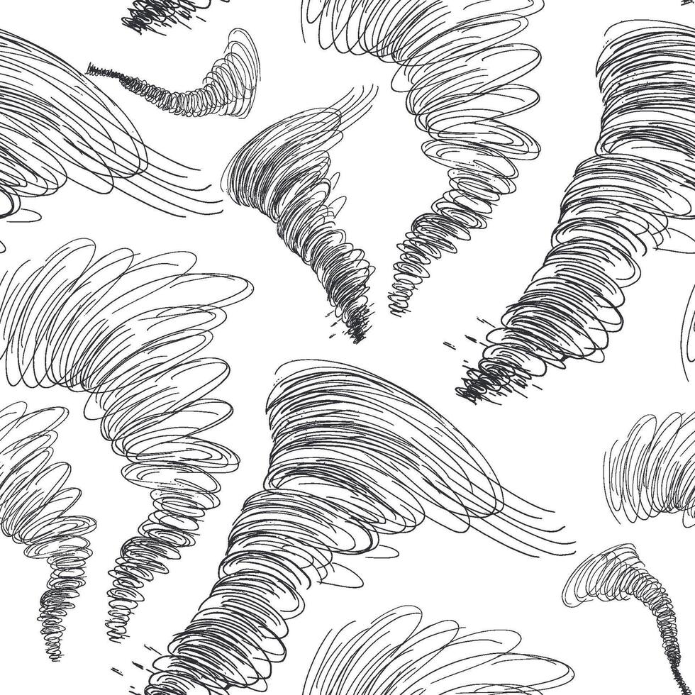 Tornado seamless pattern line art with swirls outline drawing . Repeated background of hurricane as scribble for design print, wallpaper. Dynamic spiral monochrome lines pen painting. vector