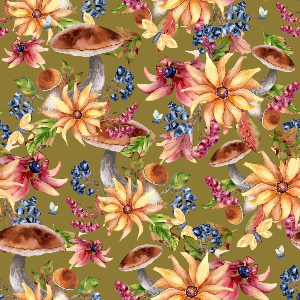Floral pattern with mushrooms and leaves vector