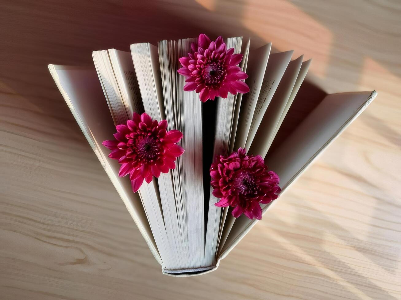 Opened Book Adorned with Magenta Flowers on Wood Surface in Bright Daylight photo