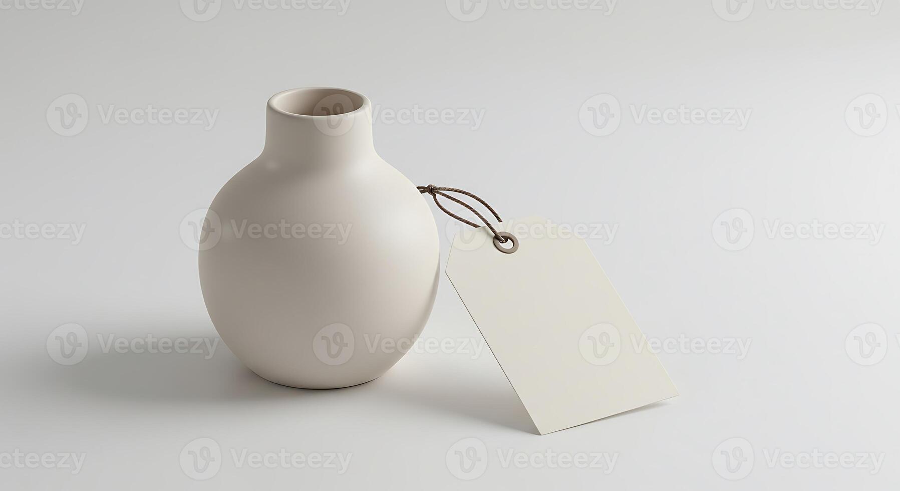 Minimalist White Ceramic Vase with Empty Tag on Neutral Background photo