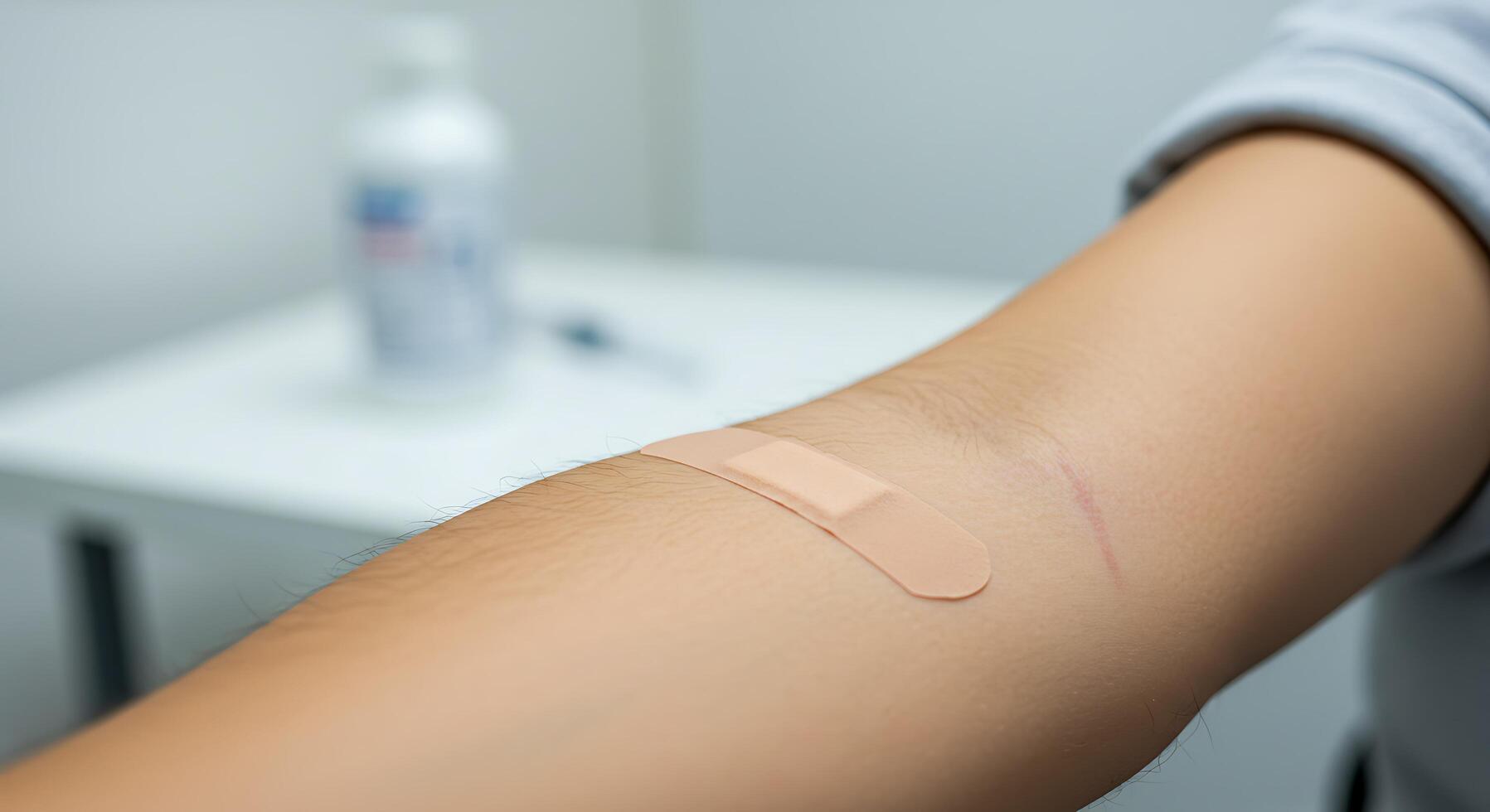 Arm with Bandage and Injection Site in Medical Clinic Setting photo
