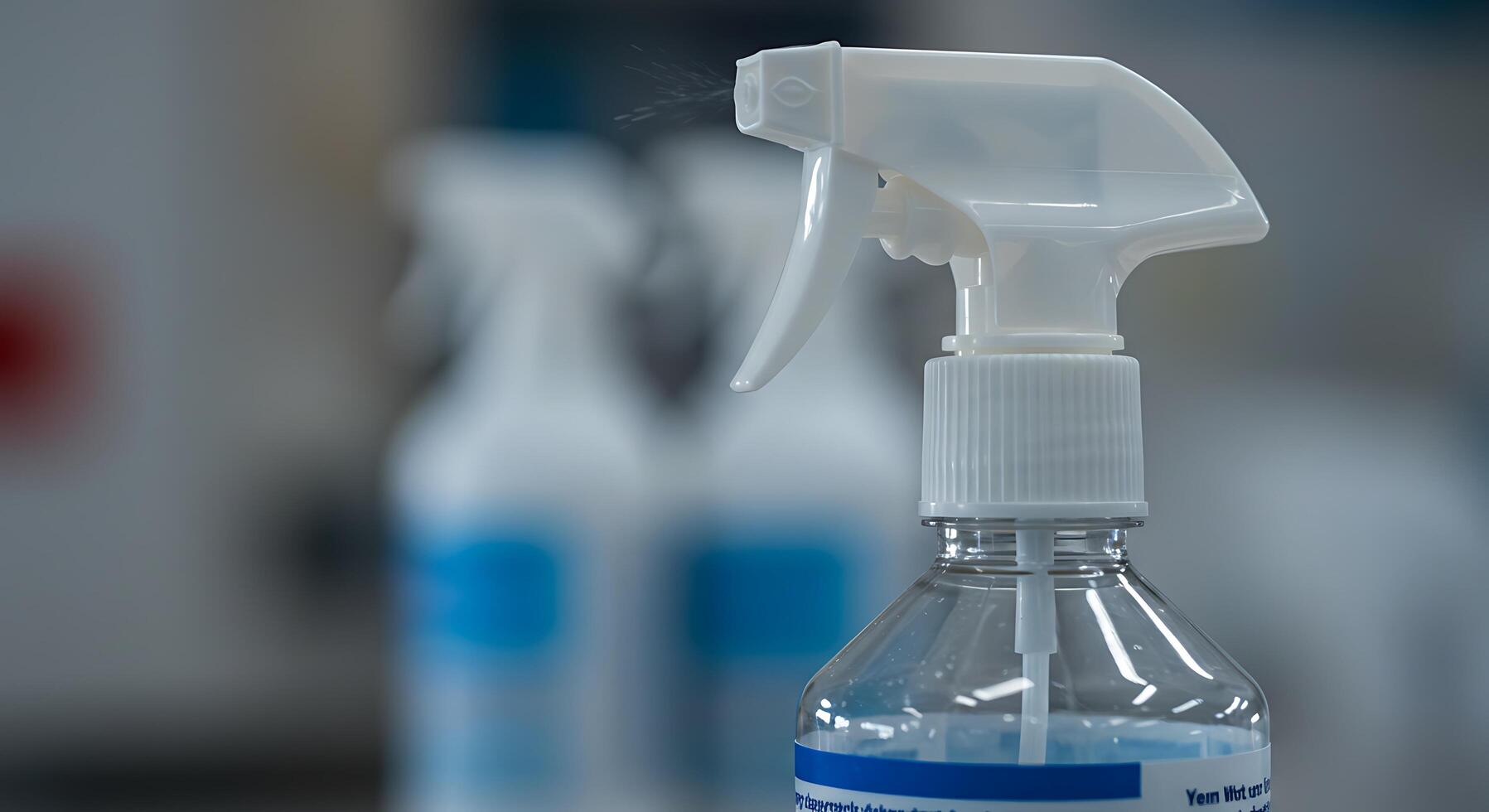 Close Up of Spray Bottle with Blue Liquid in Laboratory or Cleaning Setting photo