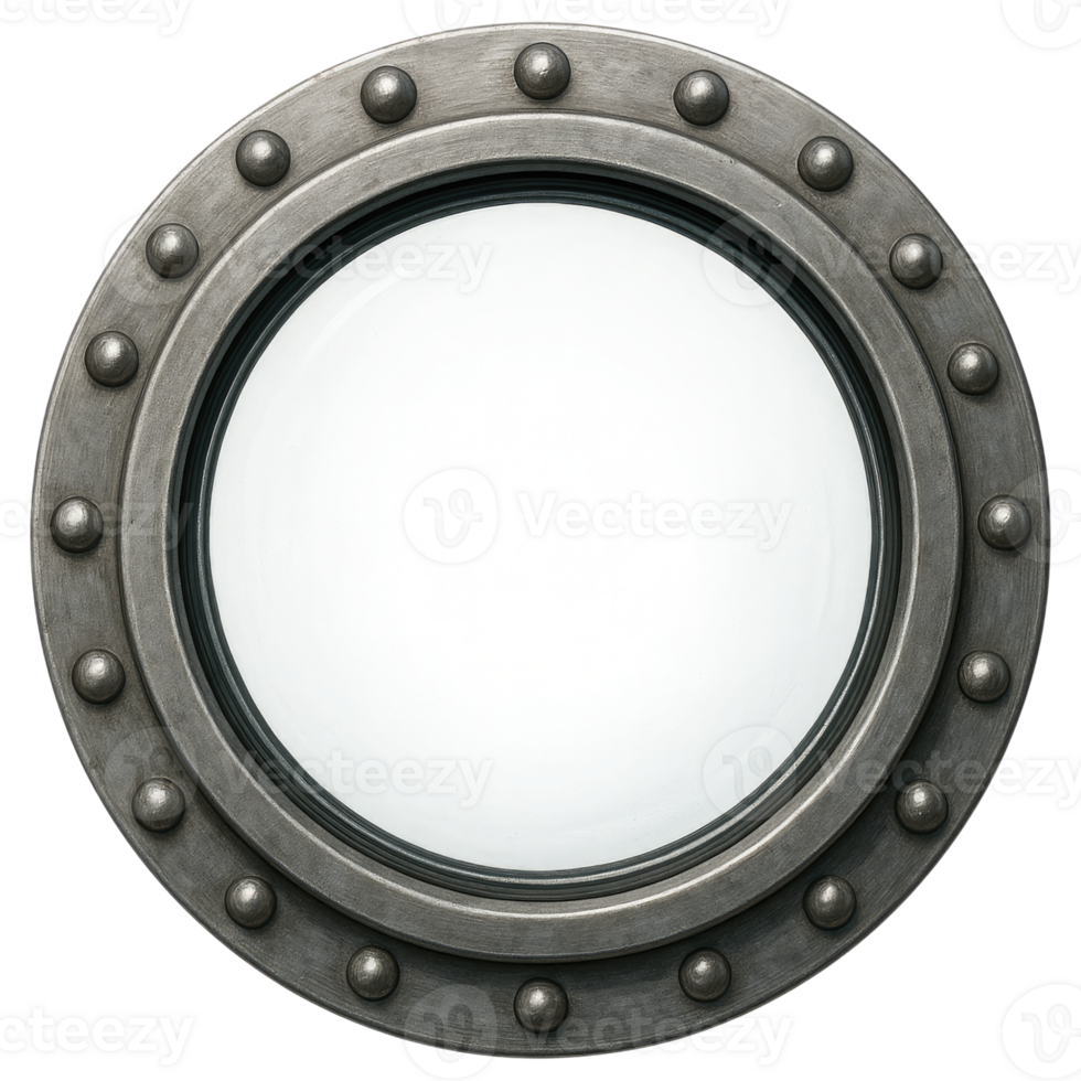 Round porthole with metal rim and rivets, background blank for creativity and design projects png