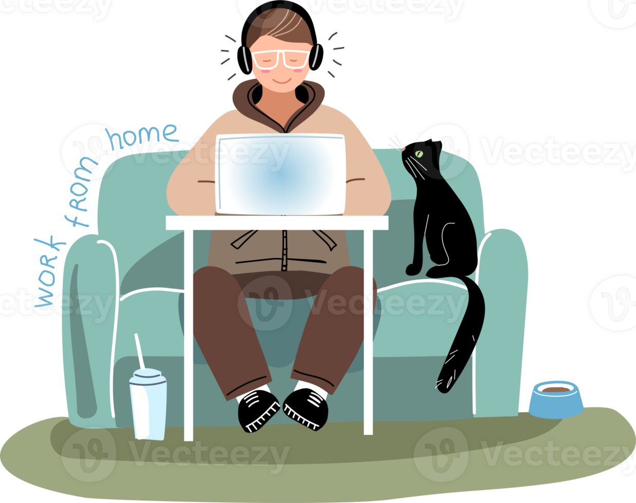 Man work on his laptop at home with black cat png