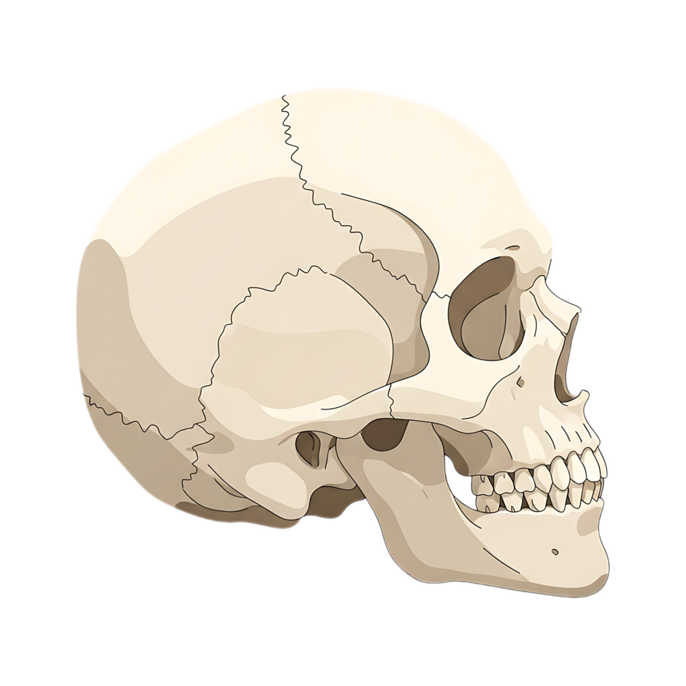 Anatomical Illustration of Human Skull in Profile Showing Bone Structure and Teeth. png