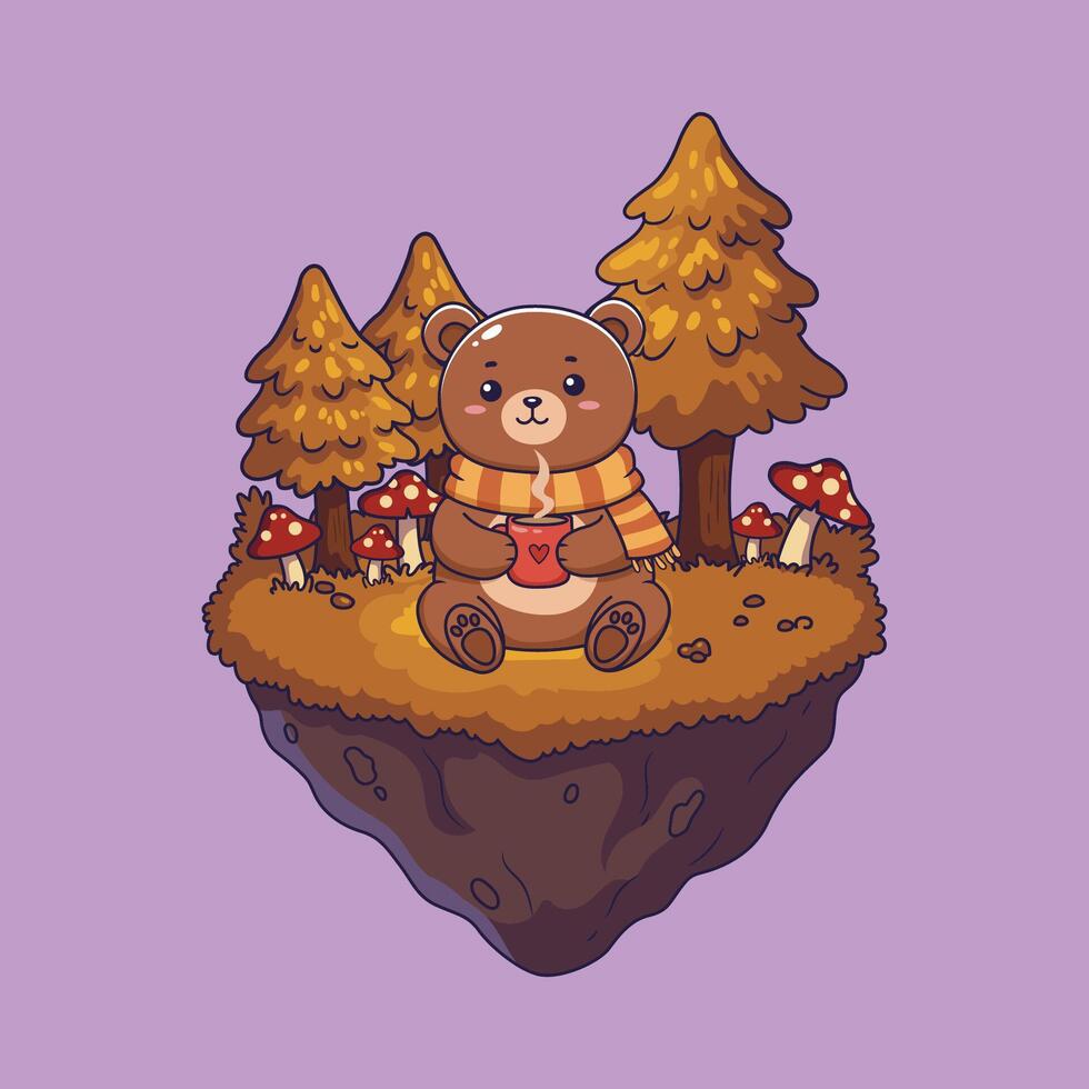 Cozy cute Bear on Floating Island with Autumn Scenery. illustration vector