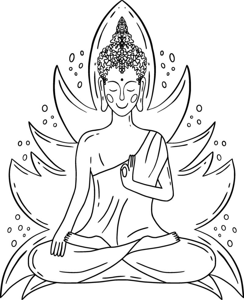 Beautiful and Serene Buddha Illustration Surrounded by a Lotus Background Setting vector