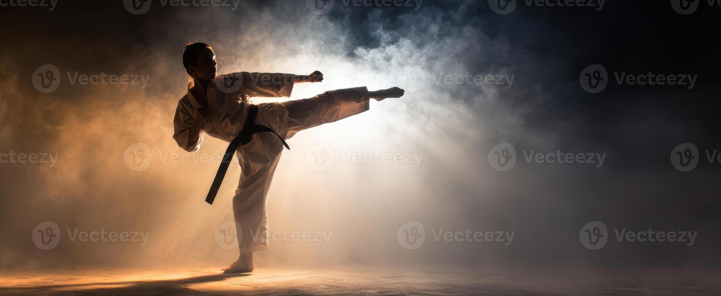 The dynamic karate practitioner executing a high kick in a dramatic smoky setting. photo