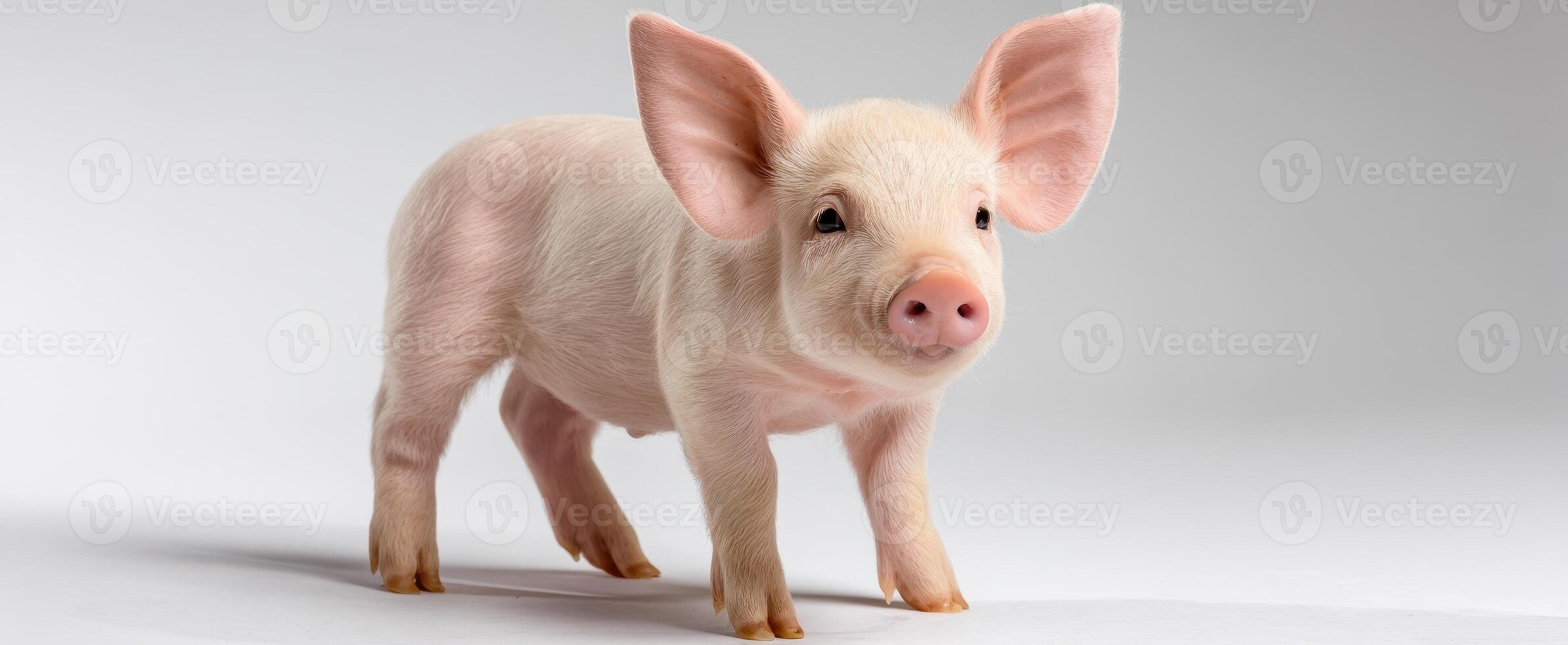 The adorable young pig standing happily in a bright and clean environment. photo