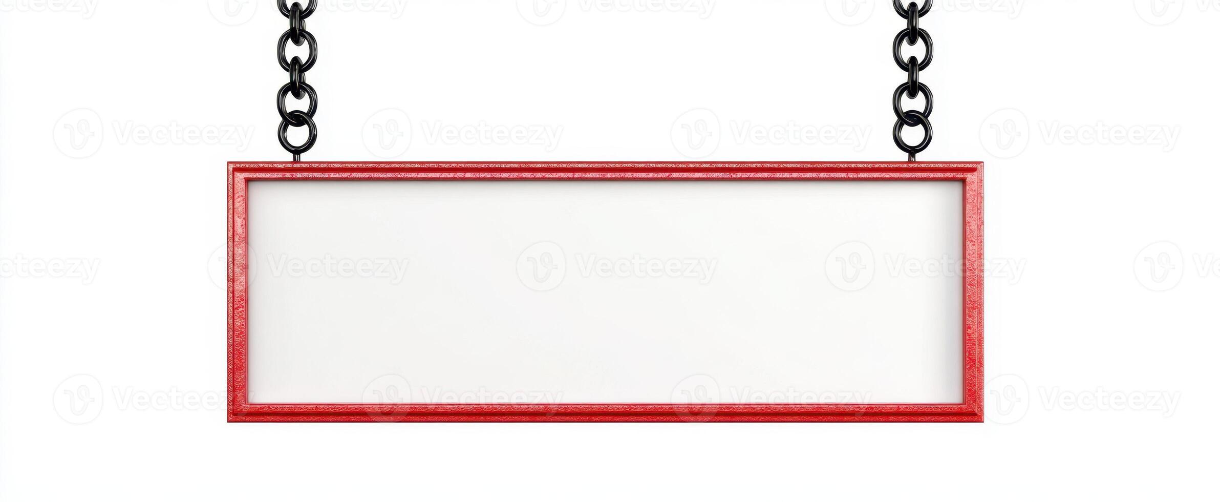 The blank red sign hanging with chains for customizable messages. photo