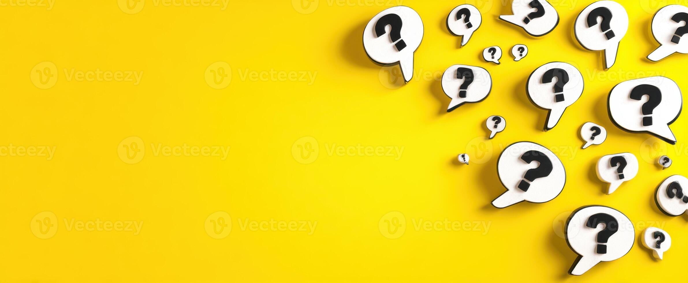 The question marks floating on a vibrant yellow background symbolize curiosity and inquiry. photo