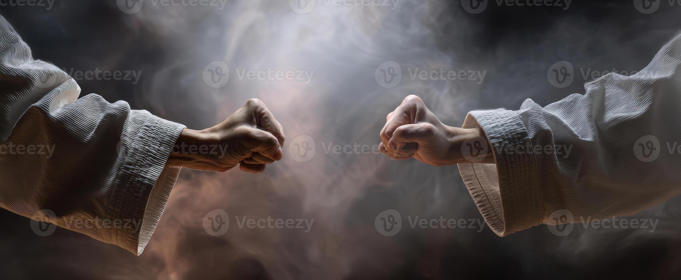 The Intense Moment of Two Fighters Preparing for a Martial Arts Match photo
