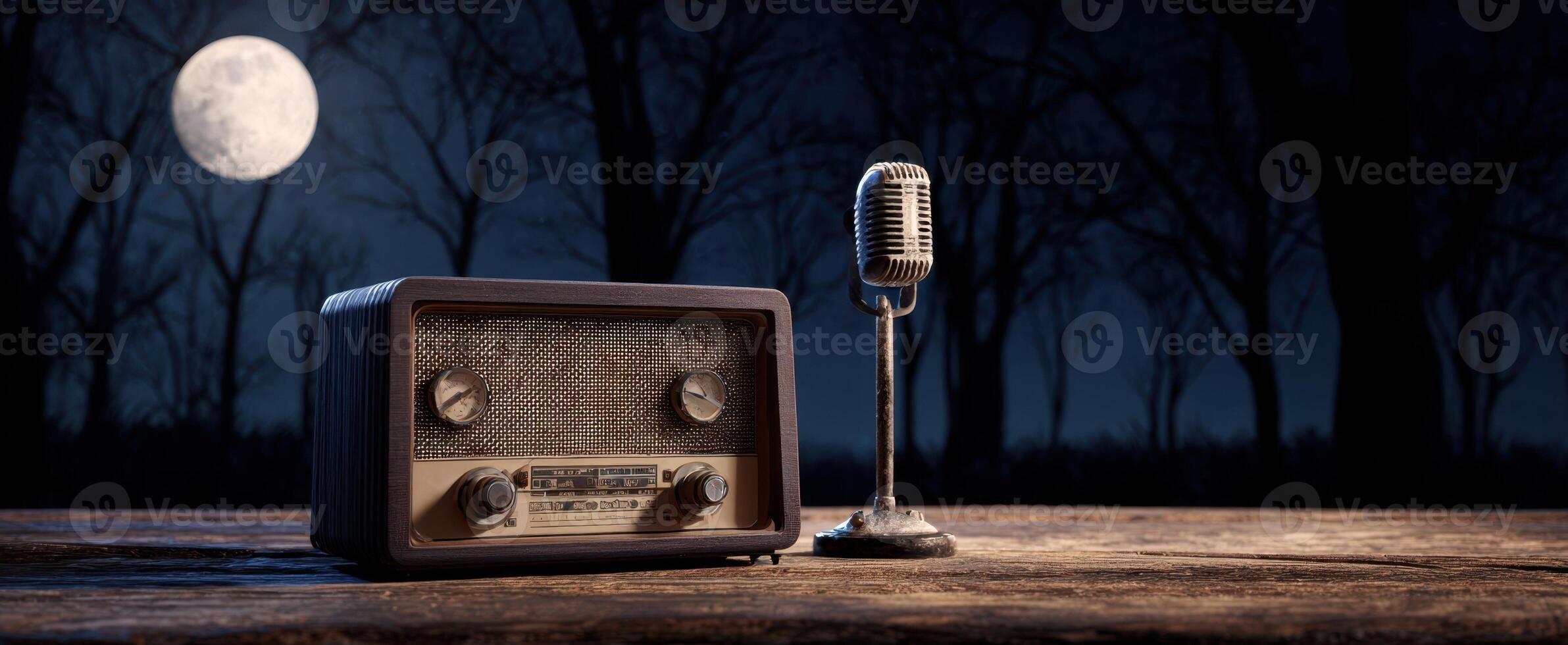 The vintage radio and microphone illuminated by moonlight in the serene woods. photo