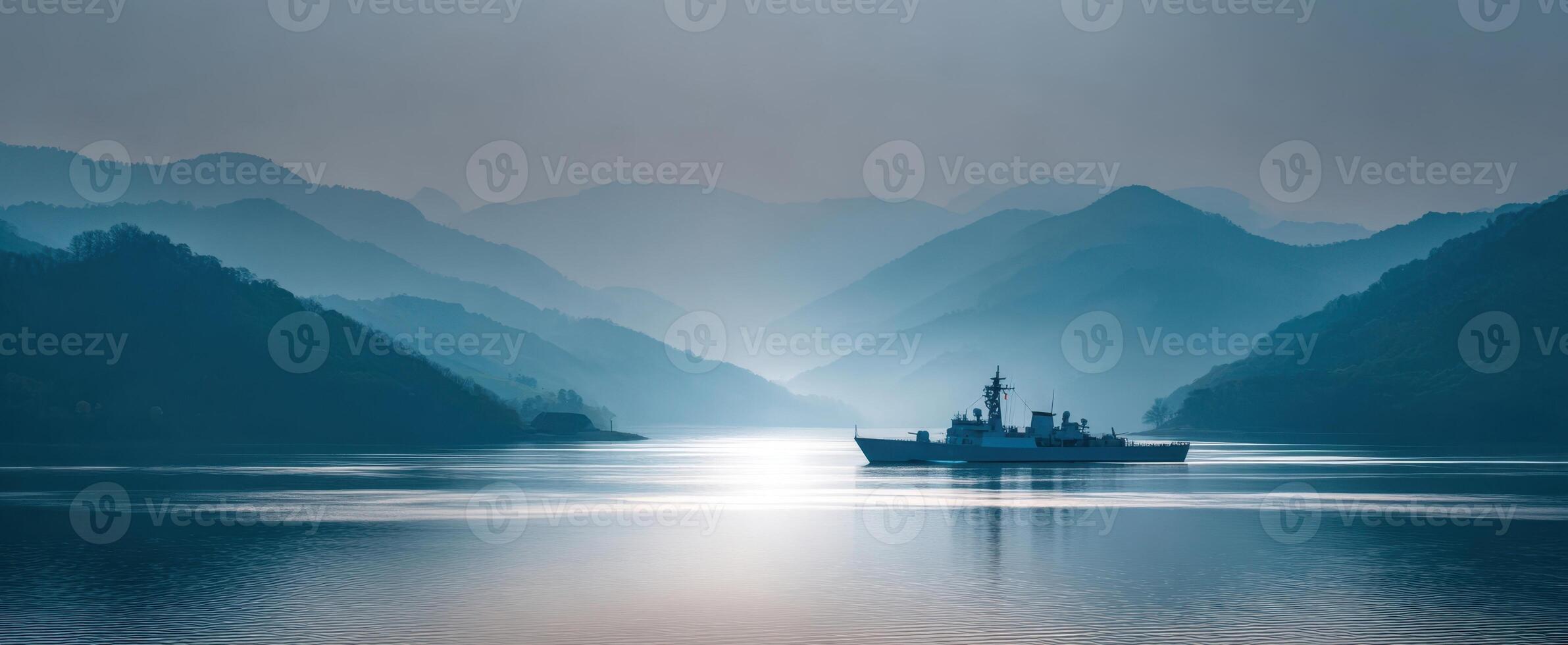 The ship navigating through tranquil waters surrounded by misty mountains. photo