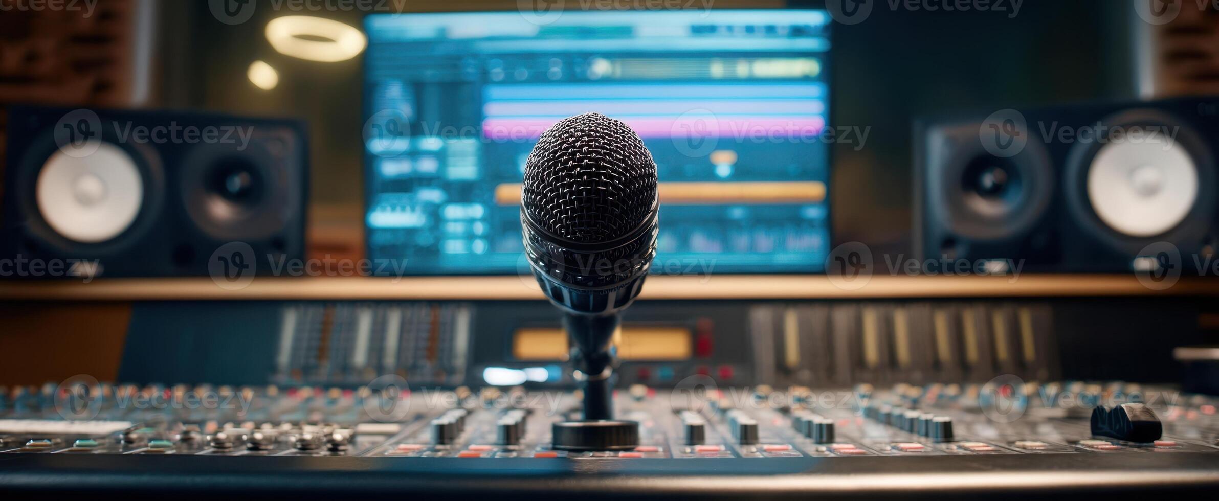 The microphone in a modern recording studio surrounded by audio equipment and monitors. photo