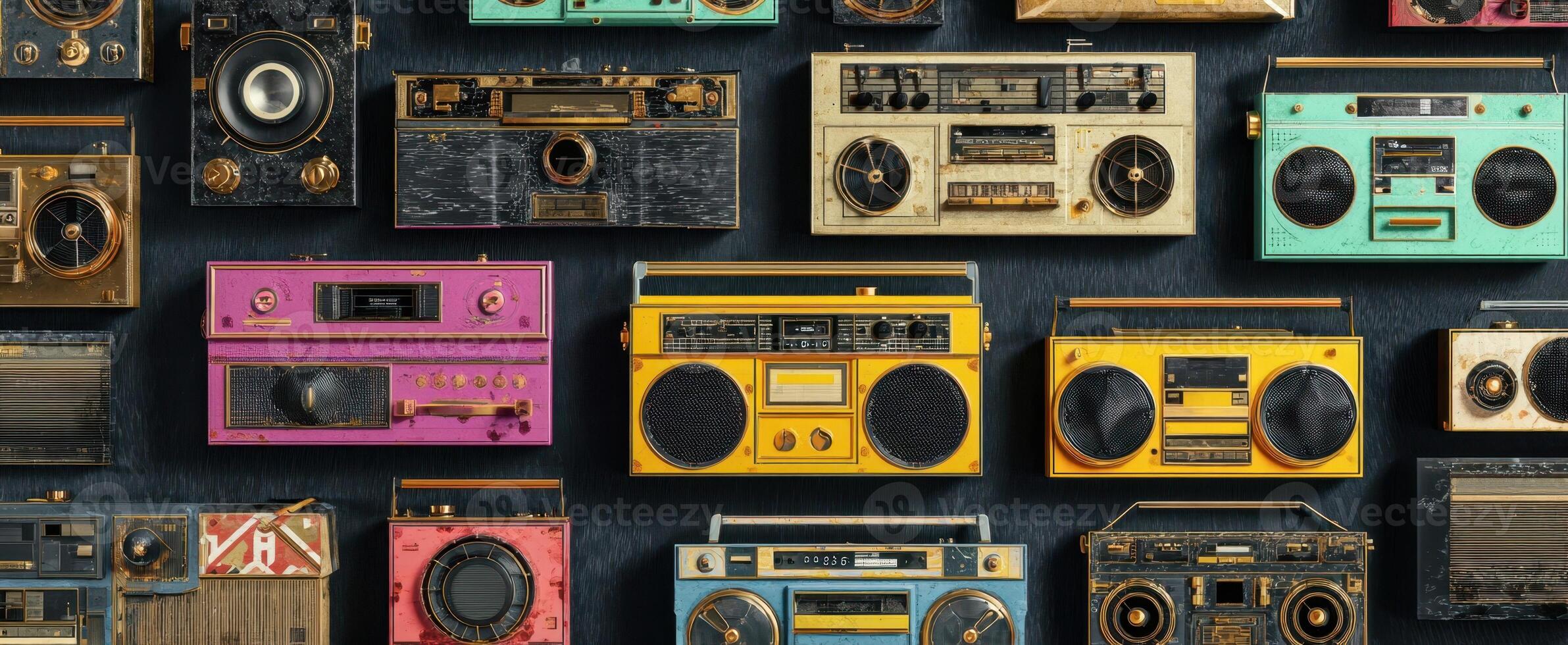 The vibrant collection of vintage boomboxes showcasing retro audio technology styles. photo
