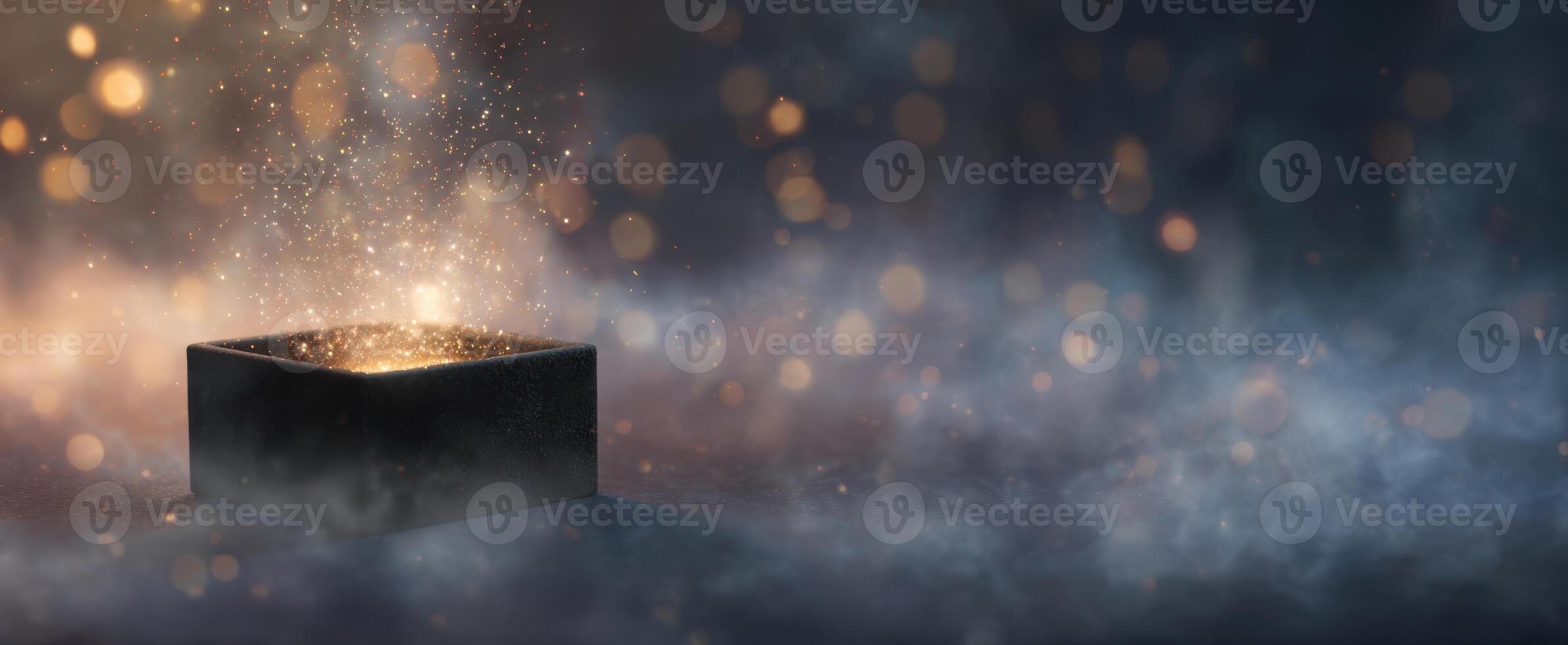 The enchanting magic box glowing with sparkles in a mystical atmosphere. photo