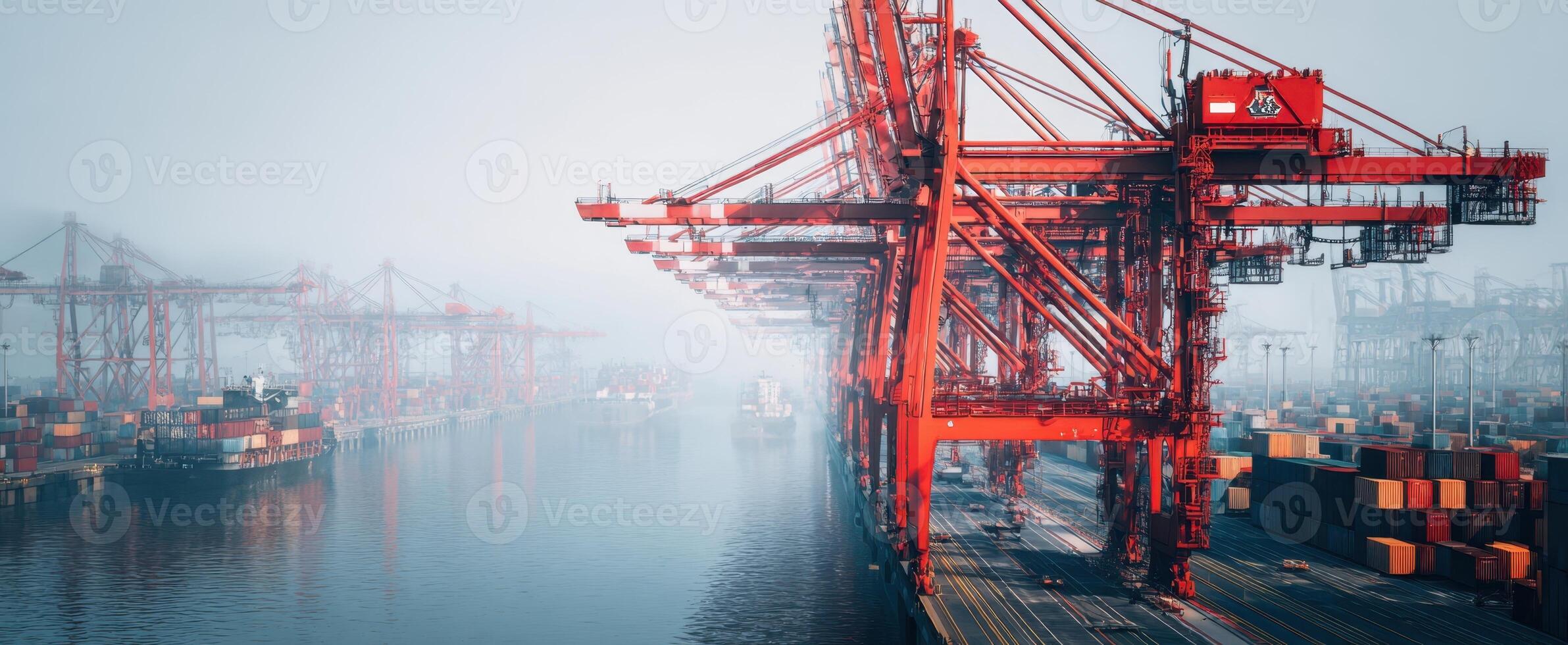 The Red Cranes Overlooking a Foggy Port with Shipping Containers and Water photo