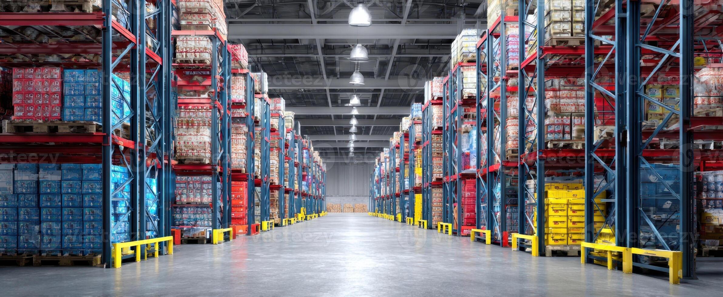 The modern warehouse filled with organized shelves and pallets of goods. photo