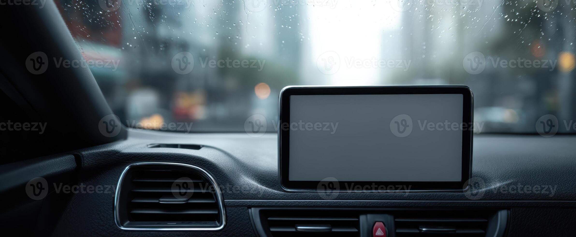 The sleek dashboard display in a rain-soaked urban environment. photo