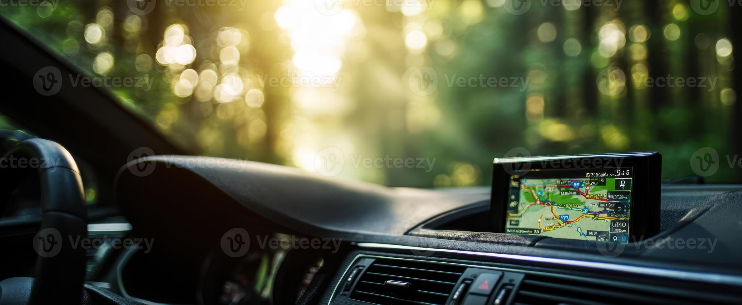 The GPS screen on a car dashboard in a sunlit forest setting. photo