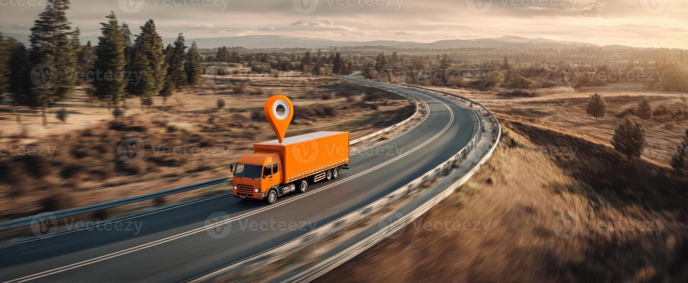 The orange truck navigating a winding road with a location pin icon. photo