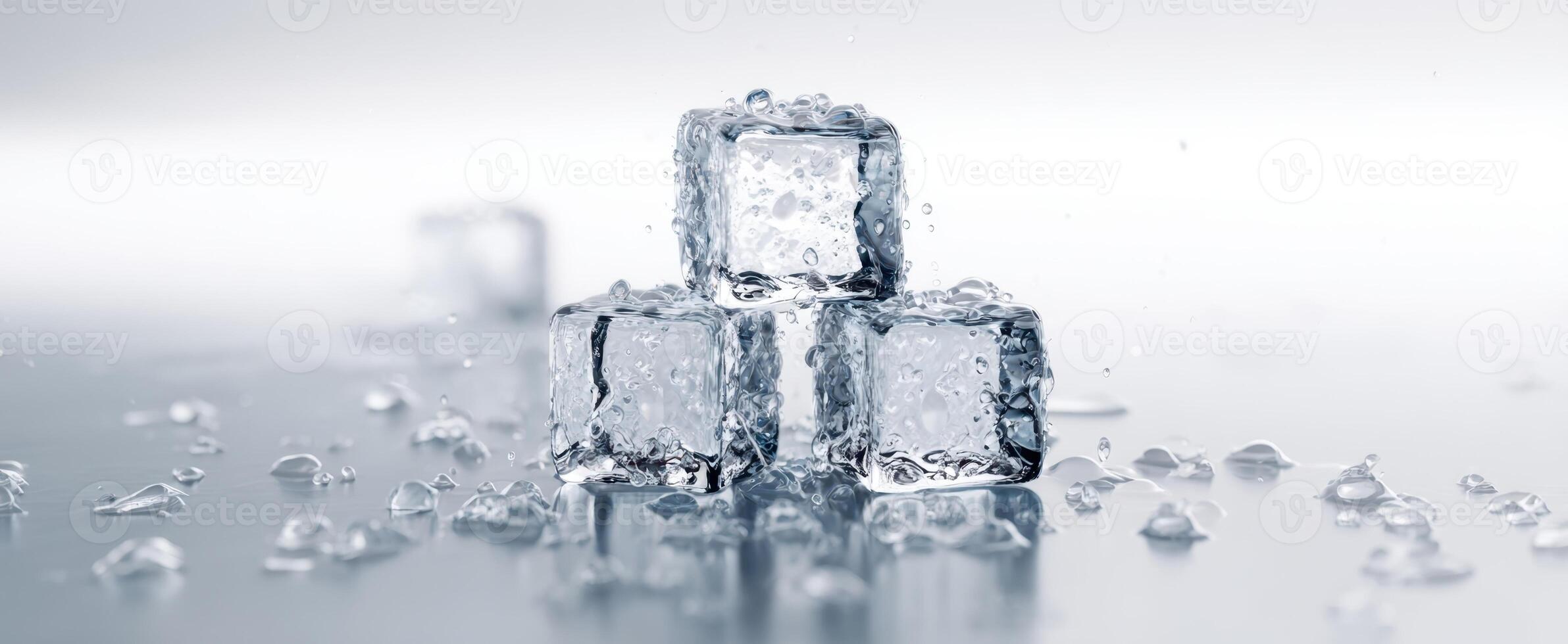 The sparkling ice cubes resting on a reflective surface with droplets. photo