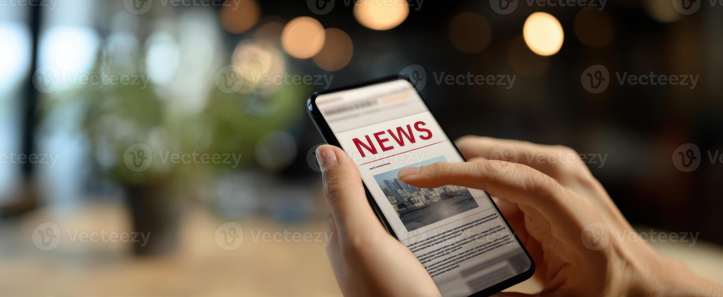 The smartphone displaying breaking news in a modern indoor setting. photo