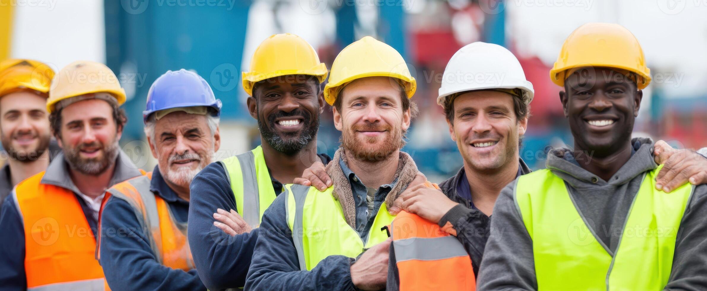 The dedicated construction workers proudly posing together at the job site. photo